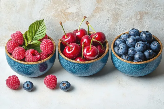 Three blue ceramic bowls in a row filled with raspberries, stemmed cherries, and blueberries on a light textured surface.