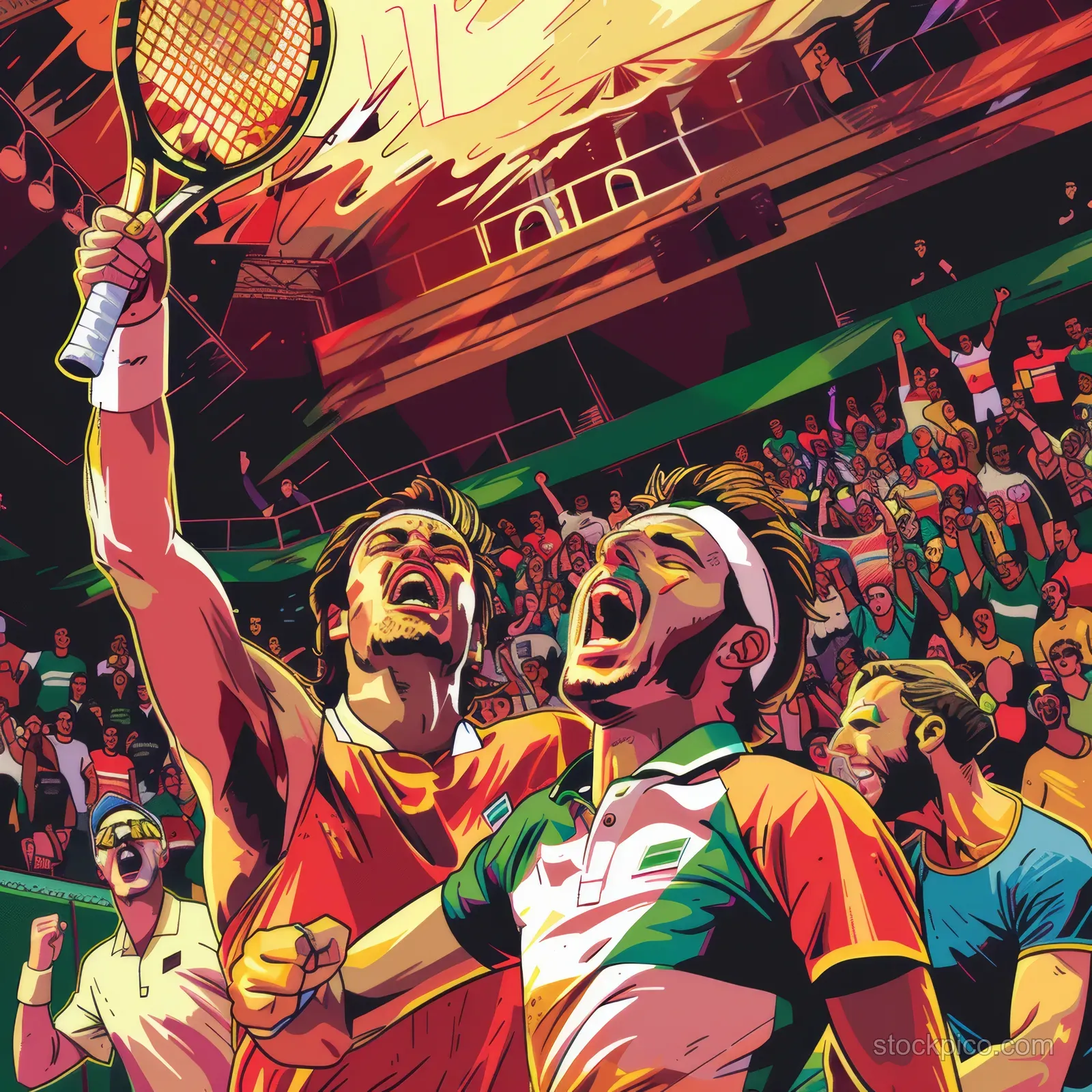 Illustration of Italian mixed doubles tennis players celebrating with a raised racket beneath a roaring crowd.