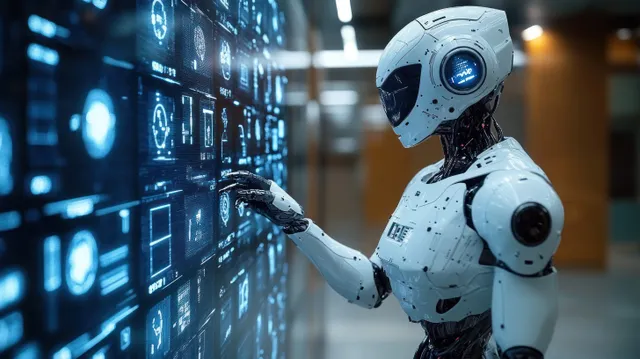 A white futuristic robot reaches toward glowing holographic diagnostic screens in a clinic corridor.