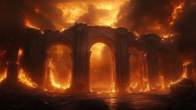 Ancient ruins with towering stone arches are engulfed in flames, illuminated by dramatic night firelight and high-contrast shadows.