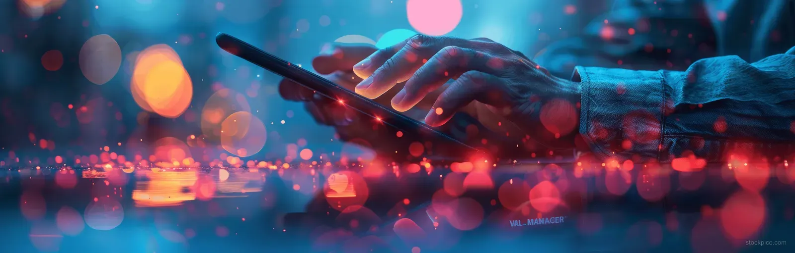 Hands holding a tablet with colorful city lights and blurred bokeh in the background.