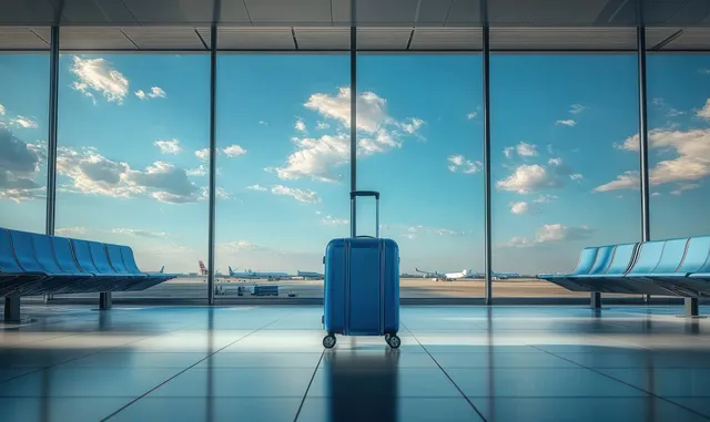 Blue suitcase upright on the clean floor of an airport waiting hall with large windows and runway view.