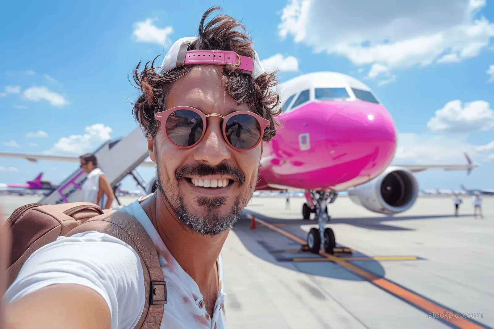 A tourist takes a selfie at a sunny airport next to a parked pink airplane.