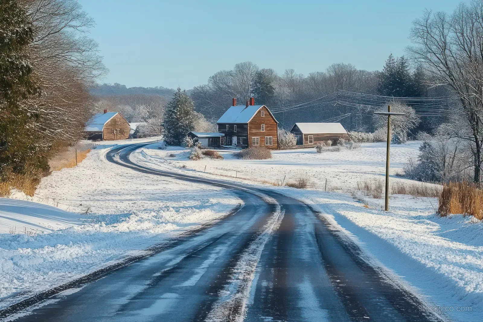 A snow-covered country road curves past wooden houses and bare trees under a clear blue winter sky.