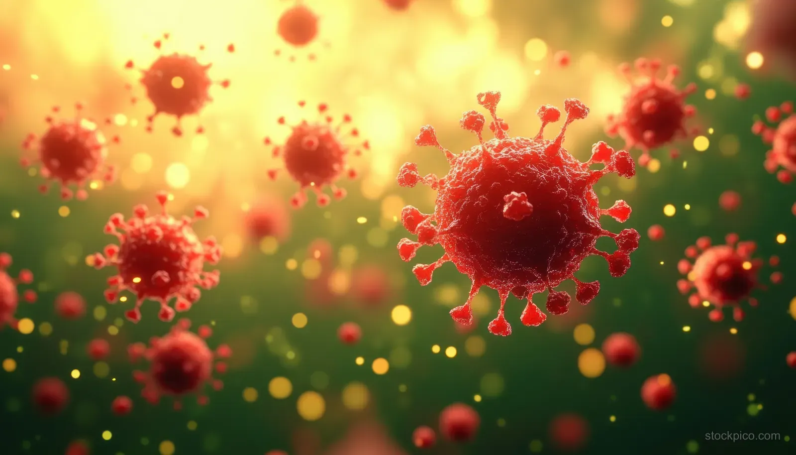 Red virus spheres with spike proteins float in a glowing yellow-green microscopic environment.