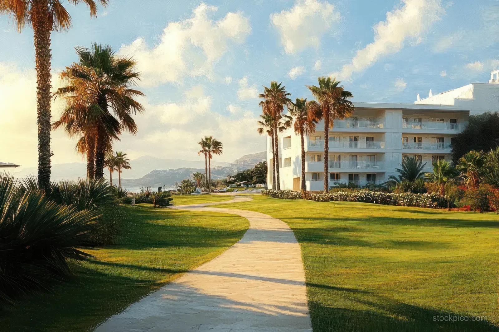 Curved walkway through green lawn and palm trees leading to a white multi-story building under a blue sky.