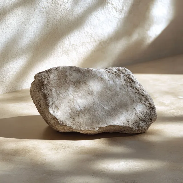 Single smooth stone resting on beige fabric with soft sunlight shadows