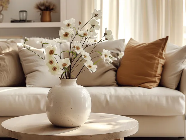 Beige ceramic vase with white flowers sits on a round coffee table in front of a sunlit beige sofa.