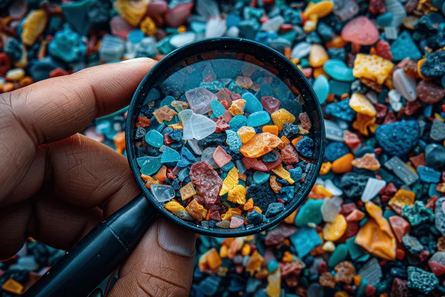 Hand holding magnifying glass revealing microplastics and colorful debris on ocean shore