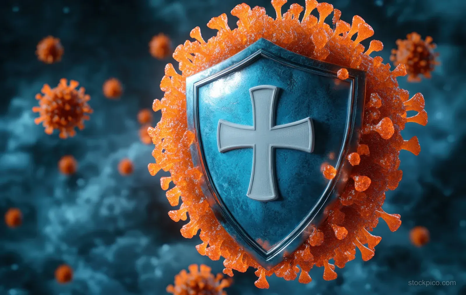 Orange virus particle surrounded by a blue cross shield on a bluish microscopic background.