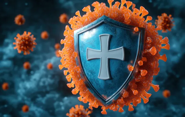 Orange virus particle surrounded by a blue cross shield on a bluish microscopic background.