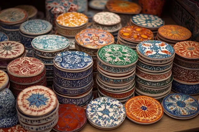Stacked round ceramic containers with colorful intricate floral patterns sit on a wooden surface.