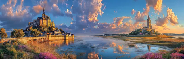 An island fortress spire is reflected in calm water during a colorful sunset with clouds and green vegetation in view.