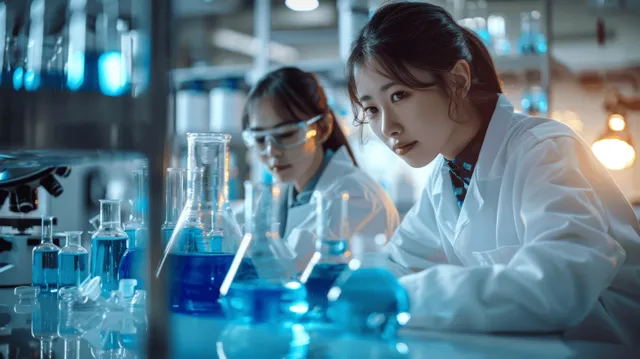 Asian women in white lab coats perform chemistry experiments beside illuminated test tubes in a science laboratory.