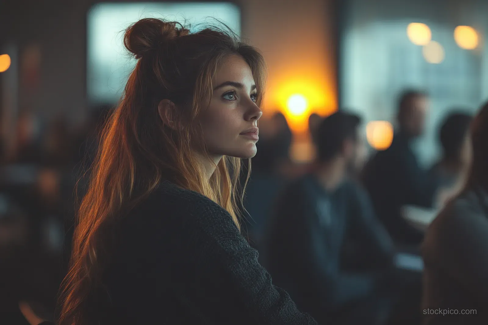 Mature woman executive leans over a laptop as her team meets in a dimly lit office.