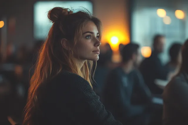 Mature woman executive leans over a laptop as her team meets in a dimly lit office.