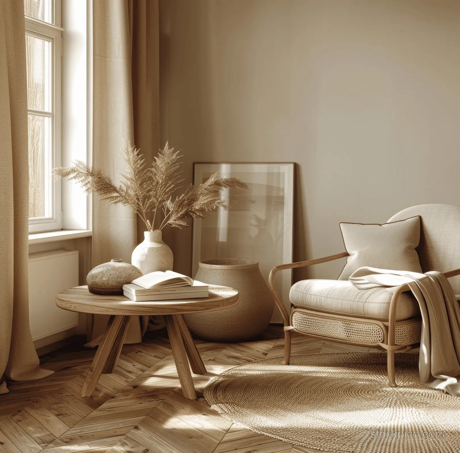Sunlit Japandi living room corner with cream sofa, round side table, beige walls, and wooden floor.