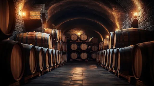 Dimly lit wine cellar corridor with rows of wooden barrels along stone walls under arched ceiling lights.