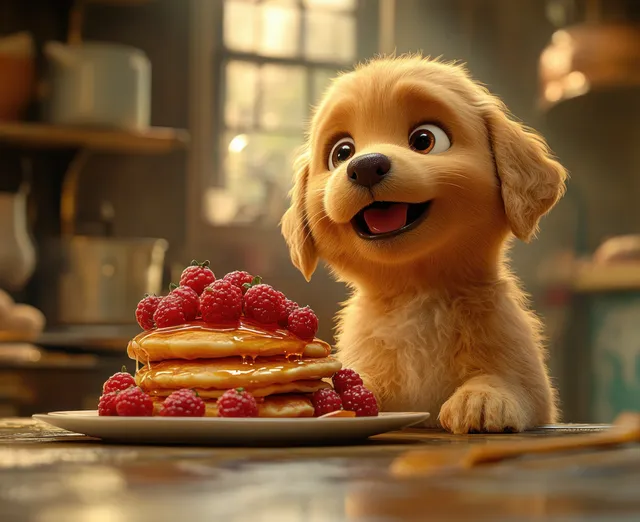 Golden retriever puppy poses with pancakes, honey drizzle, and raspberries in a cozy kitchen