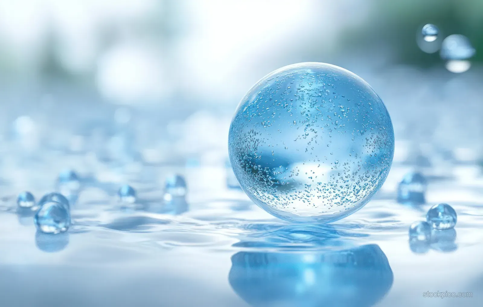 A translucent blue sphere floats on a reflective surface with tiny water droplets in the background blur.