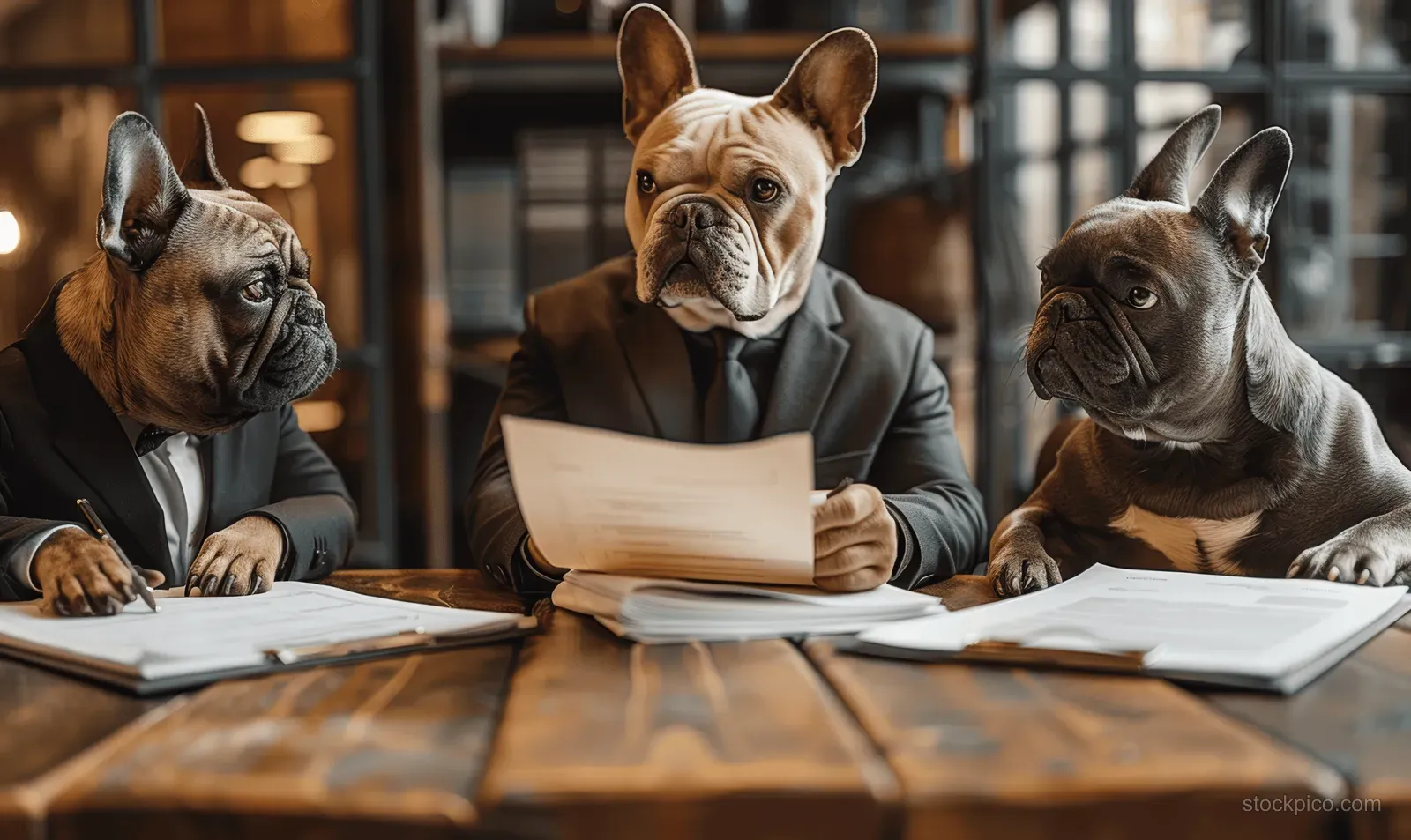 Three French bulldogs in suits sit at a wooden table with papers and pens.
