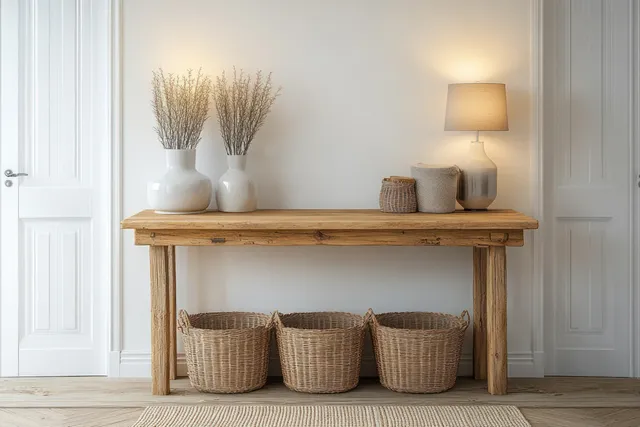 Wooden console table in a bright hallway with warm lamp light, woven baskets, and a vase of dried grass.