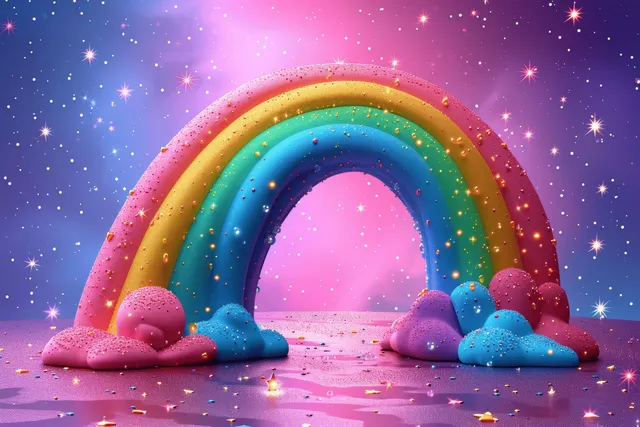 Sparkling rainbow arch over pastel dream sky with glowing stars and soft clouds