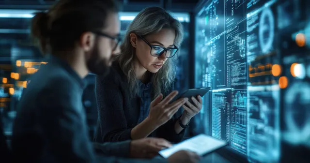 A team of engineers collaborates on AI software and data analysis in a modern high-tech control room.