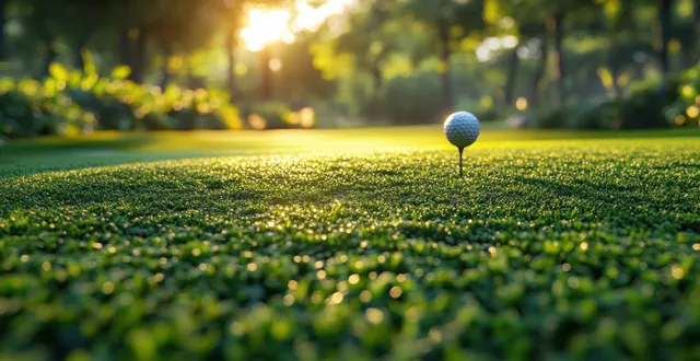 Golf ball marked 2025 near a hole on a sunlit green putting surface with warm morning light.