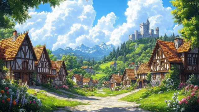 Timber-framed medieval village path with blooming gardens beneath hilltop stone castle