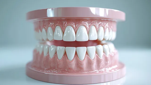 Close-up dental model of shiny white teeth and pink gums in a study stand