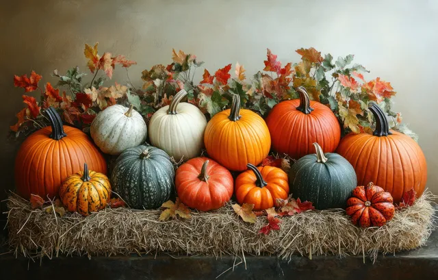 Orange and white pumpkins and gourds sit on a hay bale with autumn leaves in warm light.