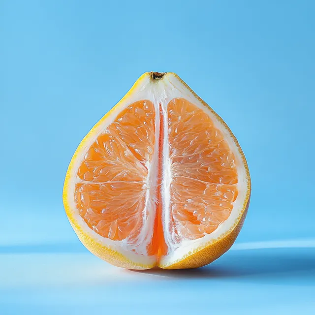 Halved pomelo with visible citrus segments against a pastel blue studio background.