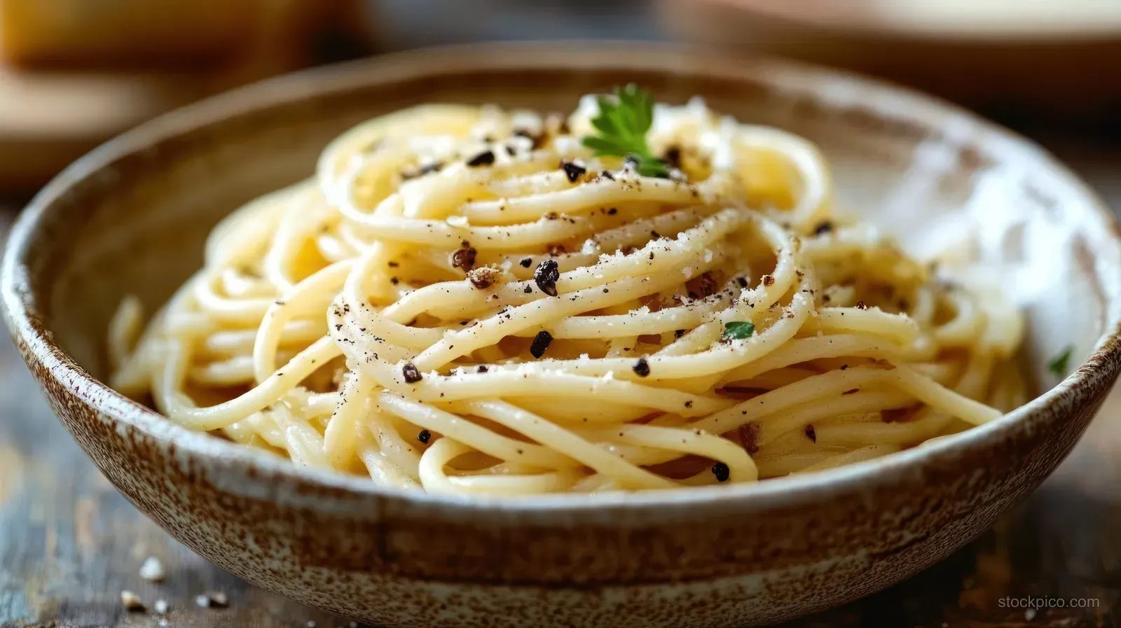 Close-up of spaghetti in a rustic bowl topped with grated cheese, black pepper, and green herb garnish on wood.