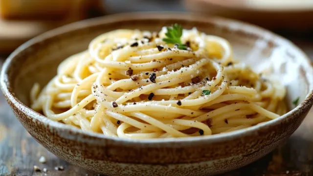 Close-up of spaghetti in a rustic bowl topped with grated cheese, black pepper, and green herb garnish on wood.