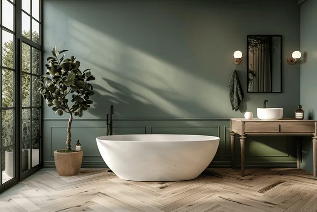 White freestanding bathtub sits in a modern bathroom with green walls, wooden vanity, and potted plant by a window.