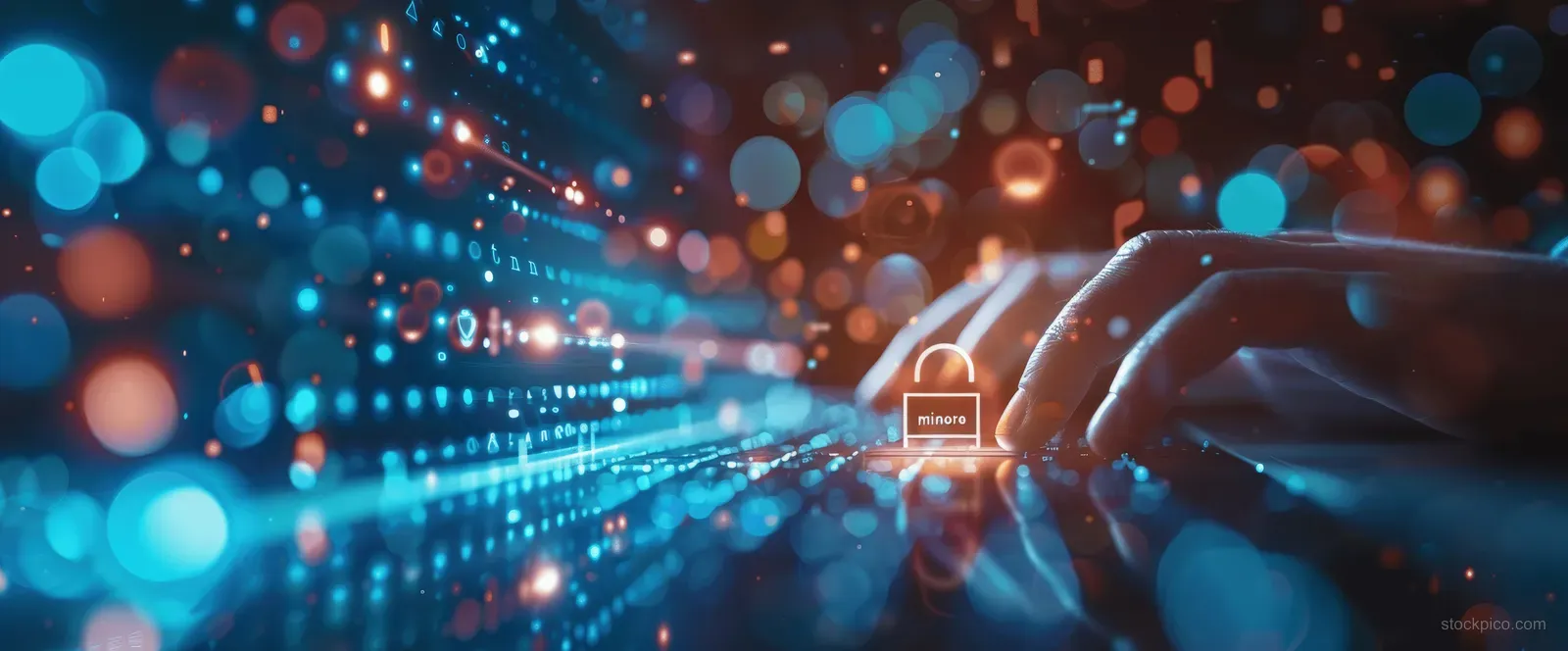 A hand reaches toward a glowing padlock icon amid firewall encryption network graphics and data streams.