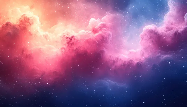 Dreamy nebula clouds with pink and blue gradient sky, soft glowing light