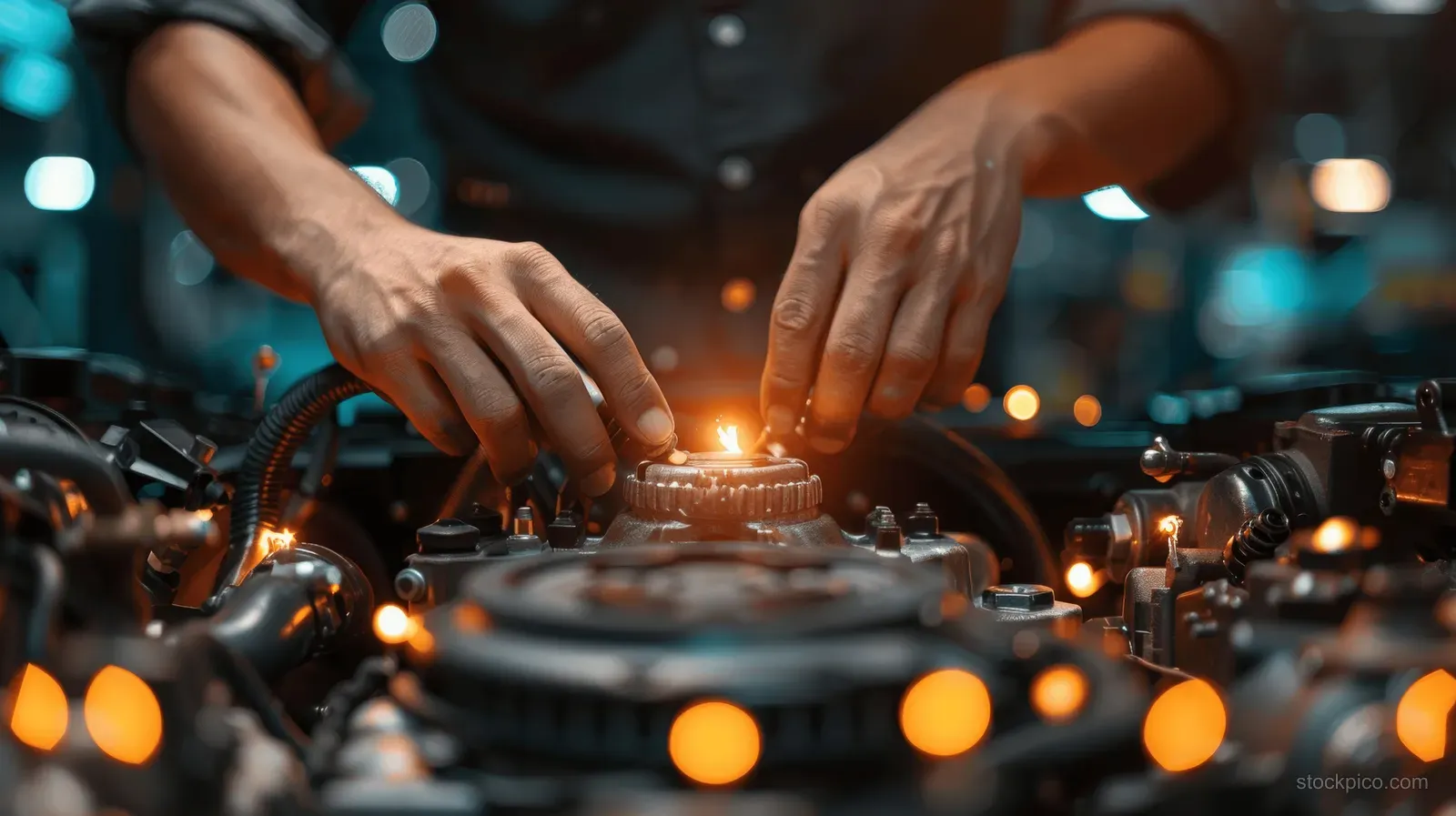 Mechanic hands connect battery cables under an open car hood in a workshop with glowing bokeh lights.