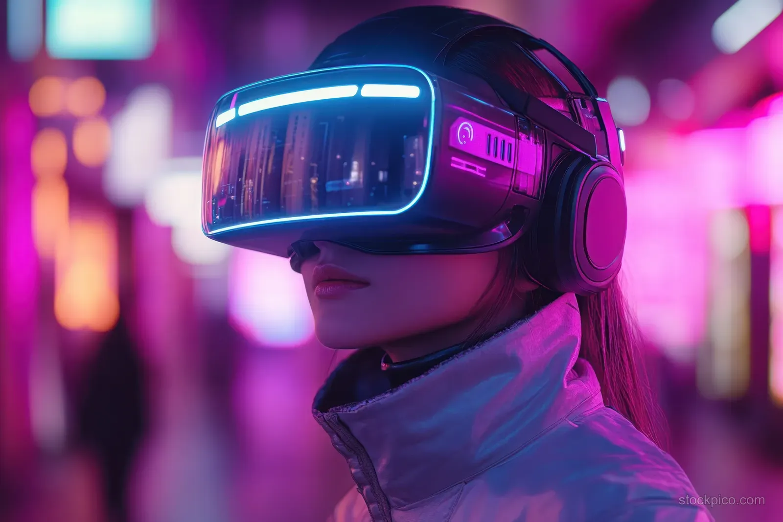 Young woman wearing a neon VR headset with glowing visor in a blurred cyberpunk alley.
