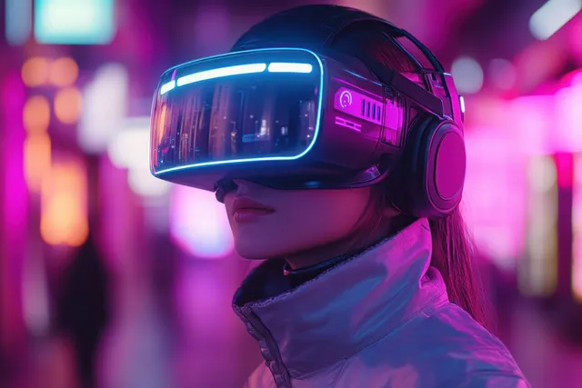 Young woman wearing a neon VR headset exploring a cyberpunk alley with glowing HUD visor