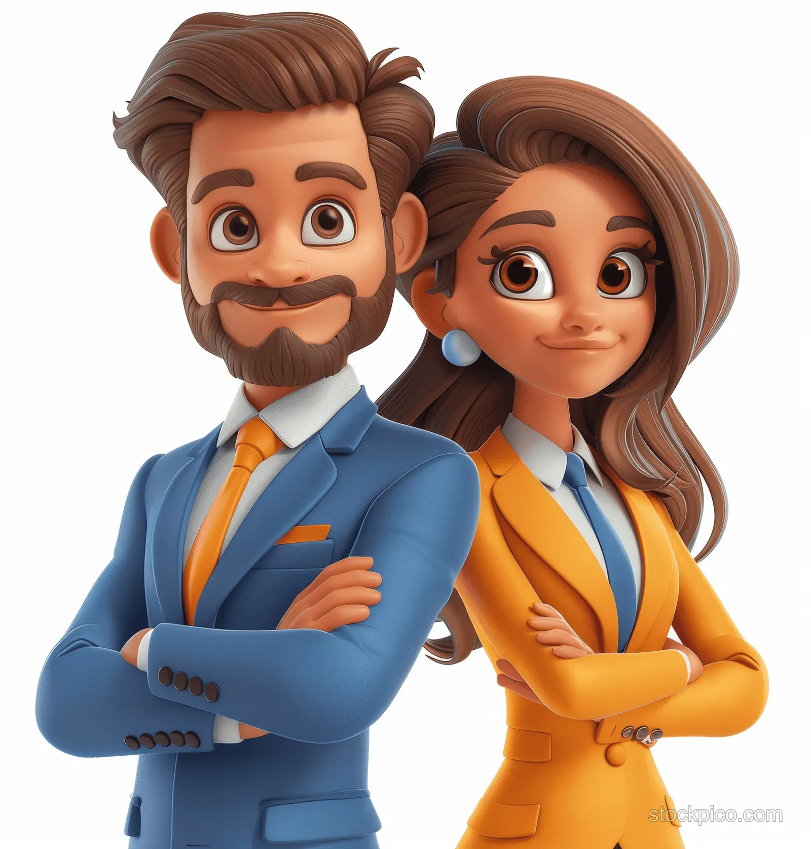 3D cartoon businessman and businesswoman in blue suits stand side by side with crossed arms, smiling on a white background.