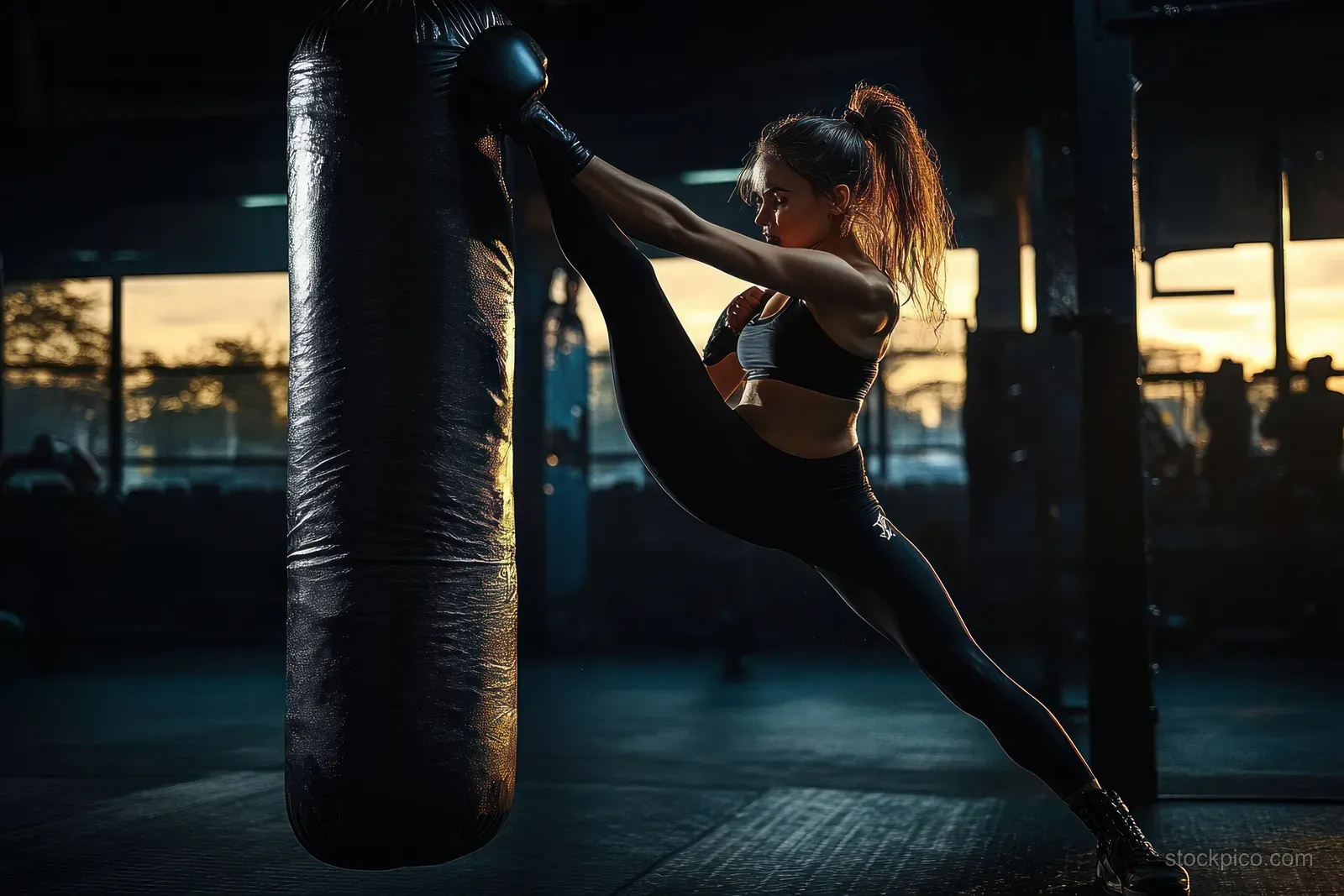 A woman stretches into a high kick on a heavy punching bag in a dim gym, lit by warm sunset light.
