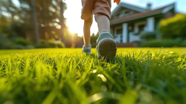 Barefoot legs of a child sprinting across a green lawn toward a sunny family home exterior.