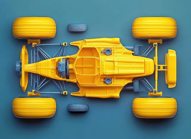 Top view of a yellow race car chassis with four large tires and two smaller detached tires on a blue background.