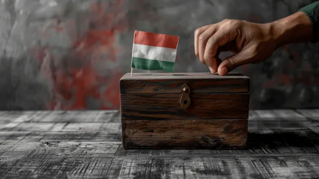 A hand drops a ballot into a wooden ballot box while an Indian flag stands nearby on election day.