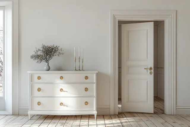 White dresser with gold knobs in a minimalist hallway beside an open door with soft daylight shadows.