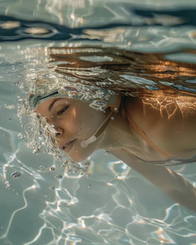 Close-up of an American swimmer doing backstroke with water splashes and sunlight reflections.