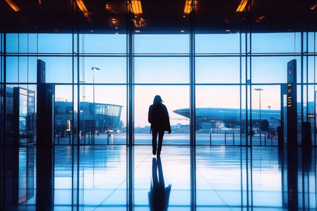 Silhouetted person walking in an airport terminal with glass windows showing airplanes and blue sky reflected on the shiny floor.