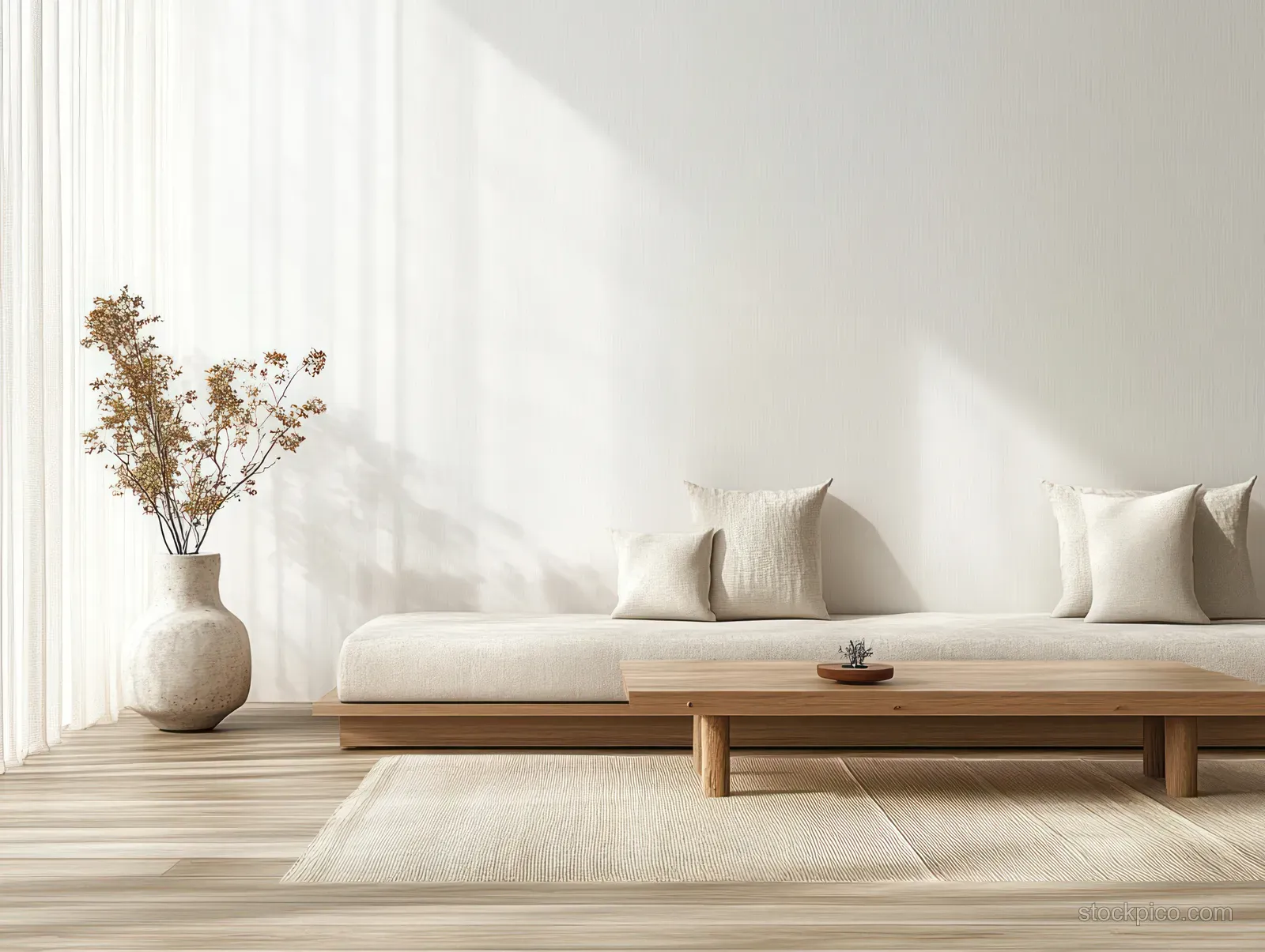Beige sofa on a jute rug in a minimalist living room with a neutral wall and vase of dried grass.